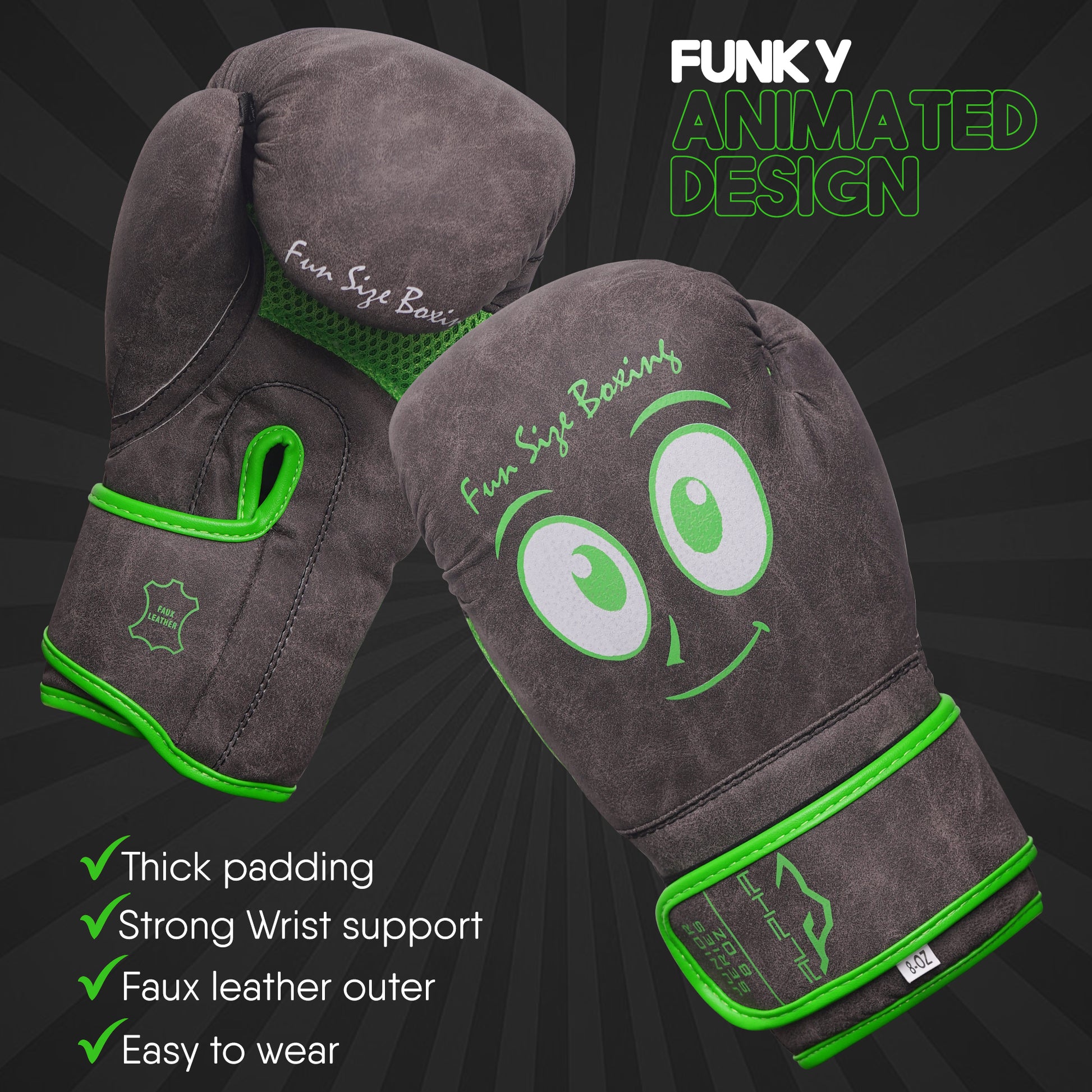 Light brown youth boxing gloves with cartoon face graphics, reinforced wrist support, durable faux leather outer, and comfortable padding for kids' boxing training.
