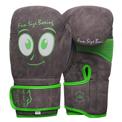 Front and side view of light brown youth boxing gloves featuring animated character graphics, reinforced wrist closure, breathable mesh panels, and protective padding for kids.