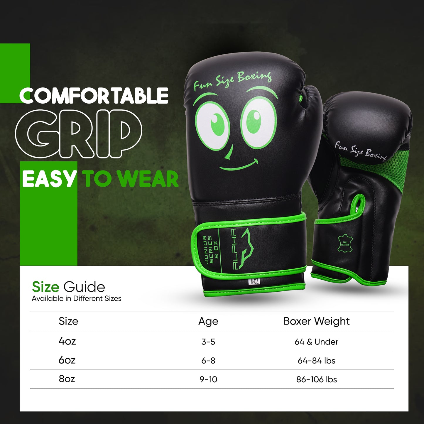 Sizing chart for Fun Size Boxing youth boxing gloves featuring 4oz, 6oz, and 8oz options designed for young boxers based on age and body weight.