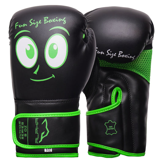 Front and back view of Fun Size Boxing youth boxing gloves featuring bright green accents, ventilated mesh panels, hook-and-loop wrist closure, and padded protection for kids.