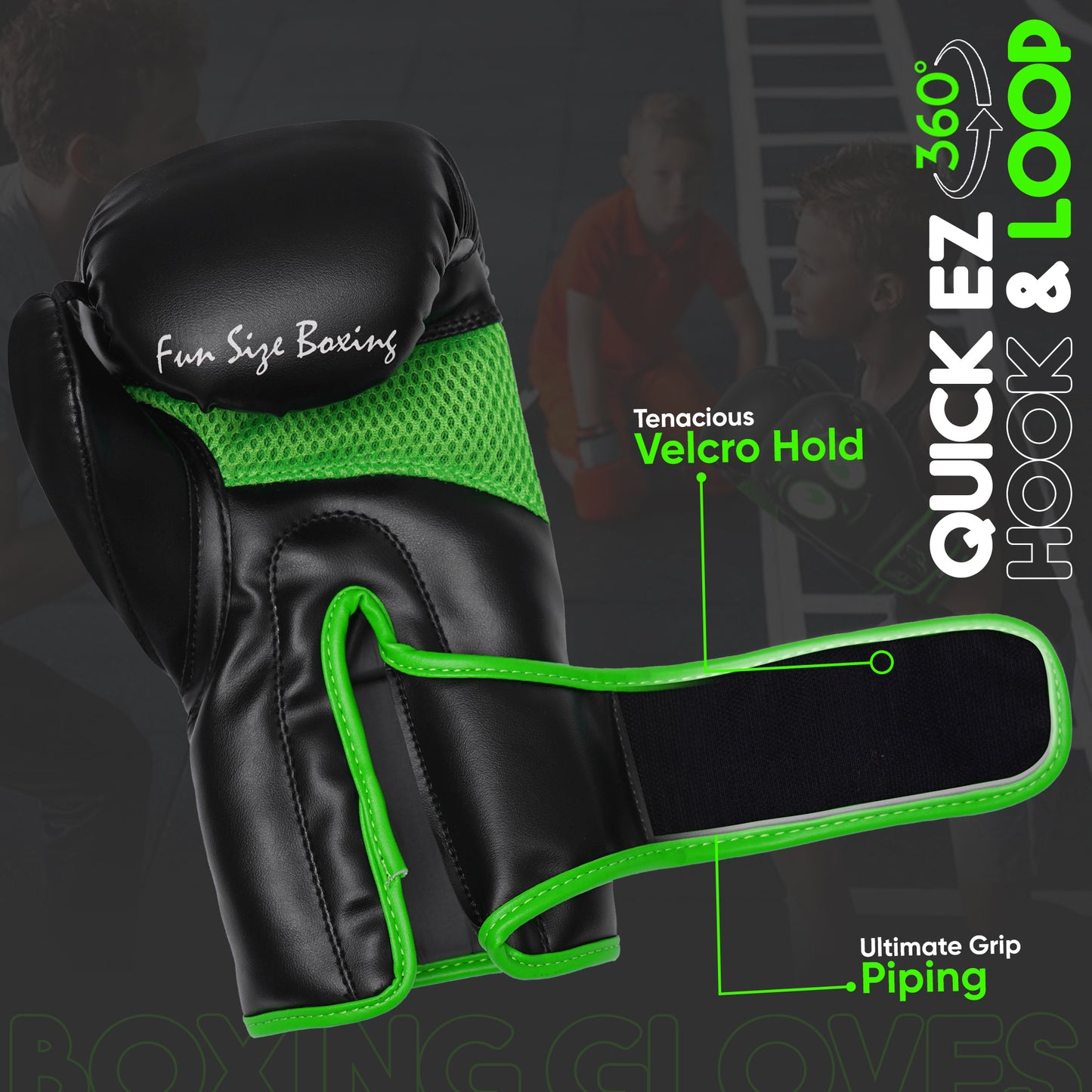 Side view of Fun Size Boxing youth boxing gloves showing strong Velcro wrist strap, durable piping, and ergonomic support for kids boxing training.