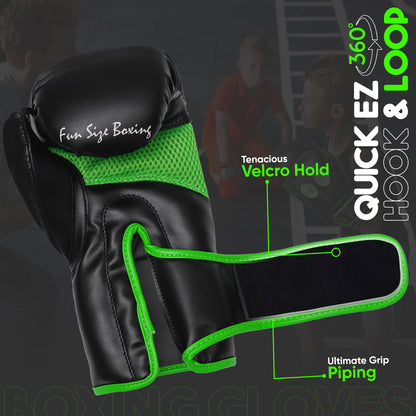 Side view of Fun Size Boxing youth boxing gloves showing strong Velcro wrist strap, durable piping, and ergonomic support for kids boxing training.