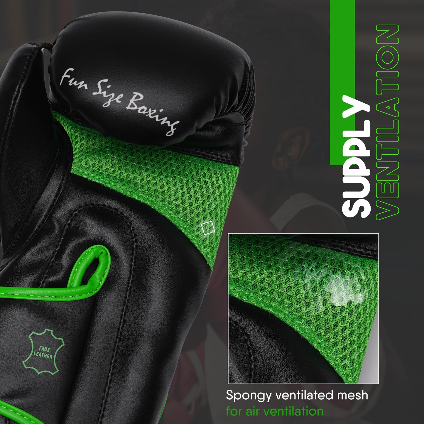 Close-up of Fun Size Boxing youth boxing gloves with green air-flow mesh ventilation system designed to keep young athletes cool during training sessions.