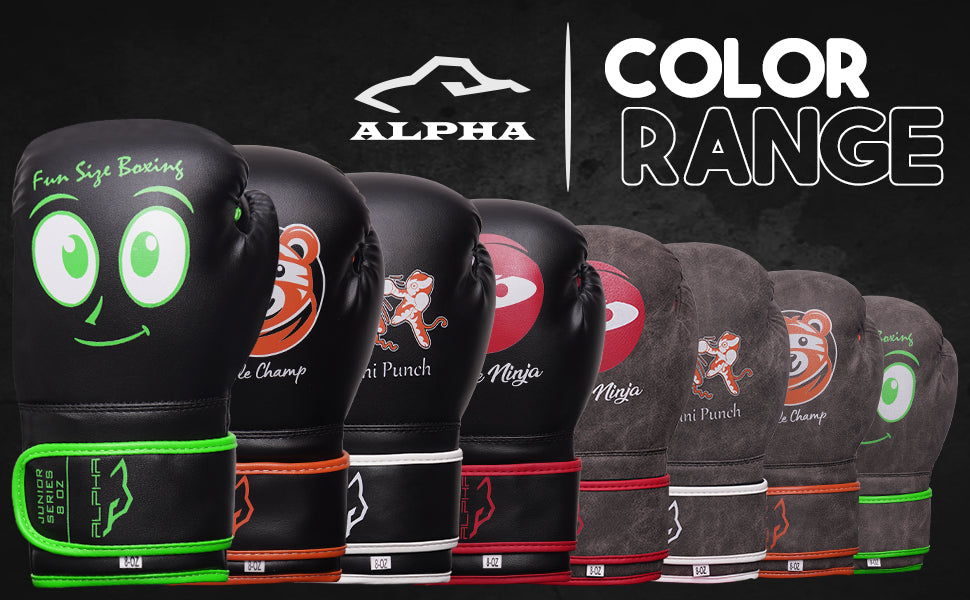 Collection of youth boxing gloves available in various colors and cartoon-themed designs, offering comfortable fit, wrist support, and durable construction for children.