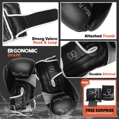 Mini Punch kids boxing gloves featuring an ergonomic shape, strong hook and loop velcro closure, attached thumb design, durable stitching, and reinforced wrist support for safe and comfortable training.