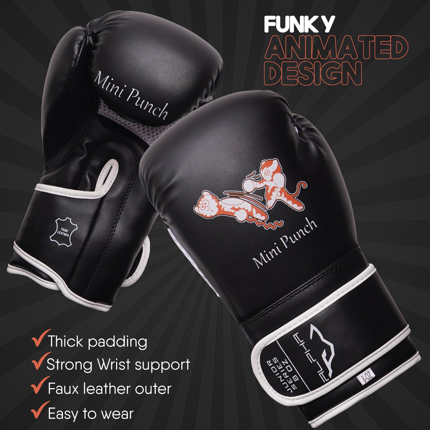 Mini Punch kids boxing gloves featuring a fun animated design, thick padding, strong wrist support, durable faux leather outer, and an easy-to-wear fit for boxing training.