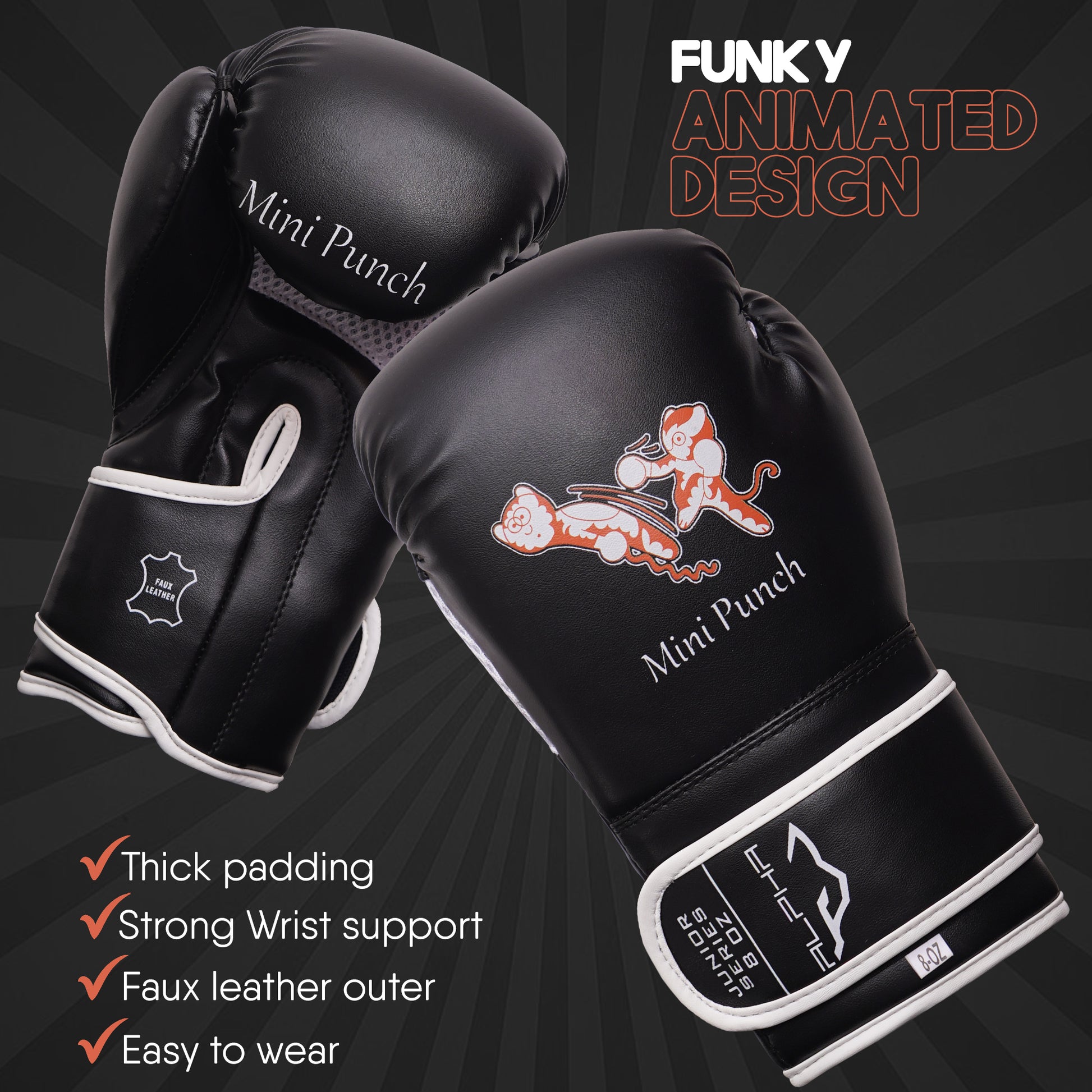 Mini Punch kids boxing gloves featuring a fun animated design, thick padding, strong wrist support, durable faux leather outer, and an easy-to-wear fit for boxing training.