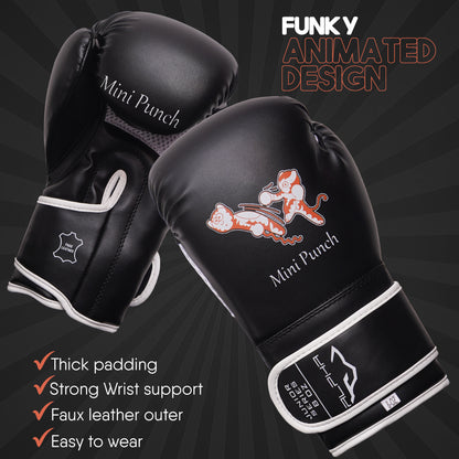 Mini Punch kids boxing gloves featuring a fun animated design, thick padding, strong wrist support, durable faux leather outer, and an easy-to-wear fit for boxing training.
