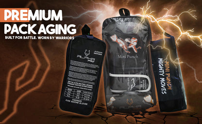 Premium retail packaging for Mini Punch kids boxing gloves featuring protective carry packaging, branded presentation, and ready-to-gift boxing gear for young athletes.