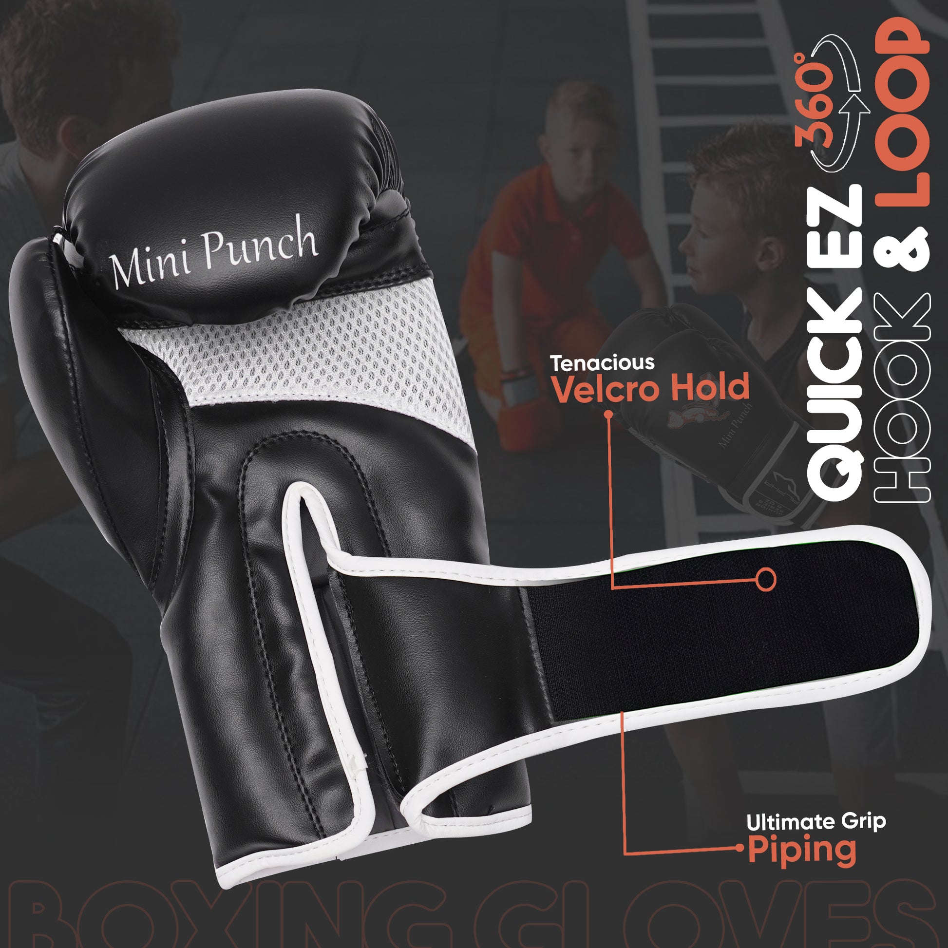 Black and white Mini Punch kids boxing gloves with QuickEZ 360-degree hook and loop velcro strap for secure fit, comfort, and enhanced grip during boxing training.