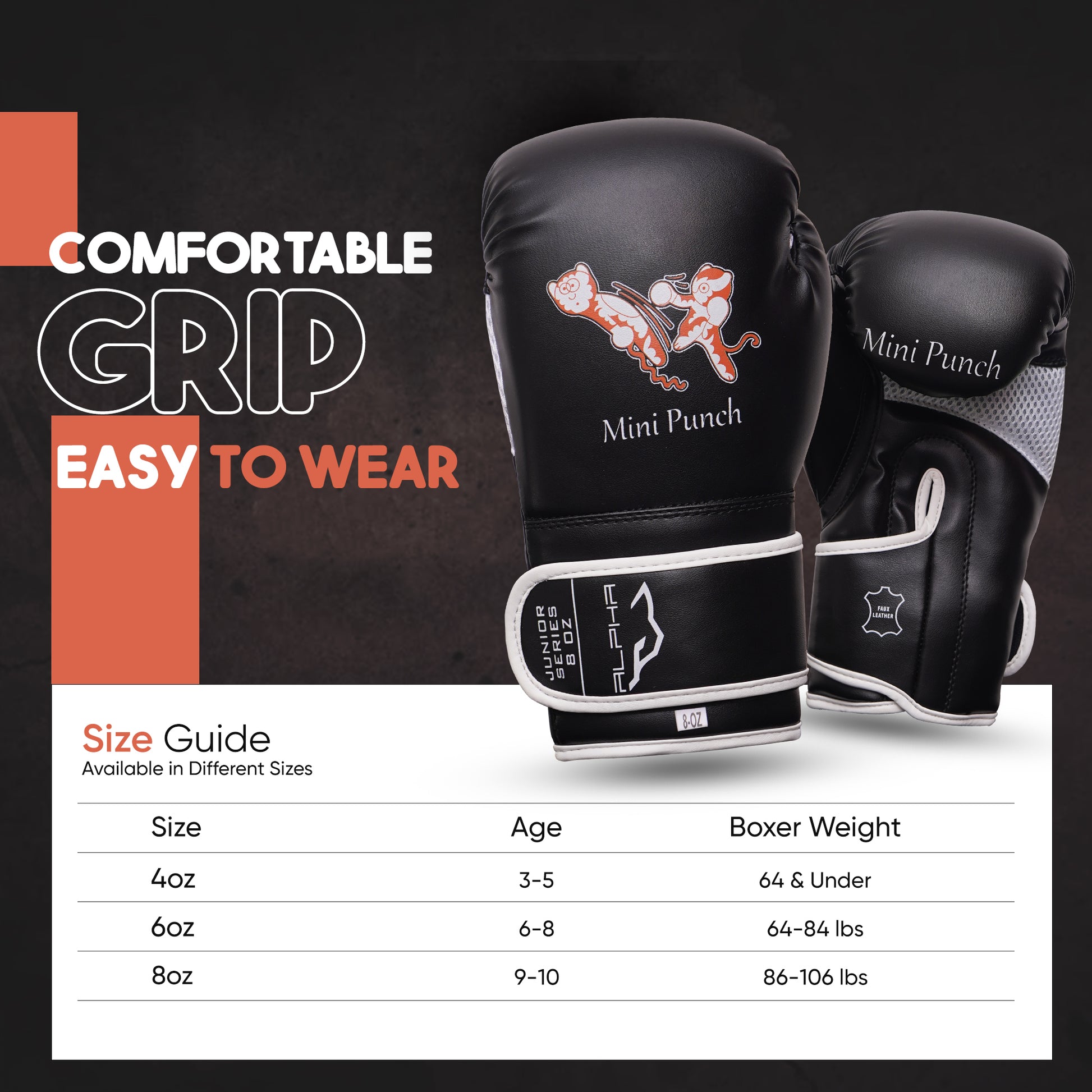 Mini Punch kids boxing gloves featuring a comfortable grip, easy-to-wear design, and size guide showing recommended glove sizes by age and boxer weight.