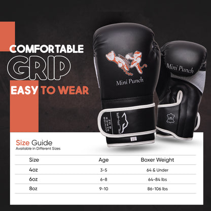 Mini Punch kids boxing gloves featuring a comfortable grip, easy-to-wear design, and size guide showing recommended glove sizes by age and boxer weight.