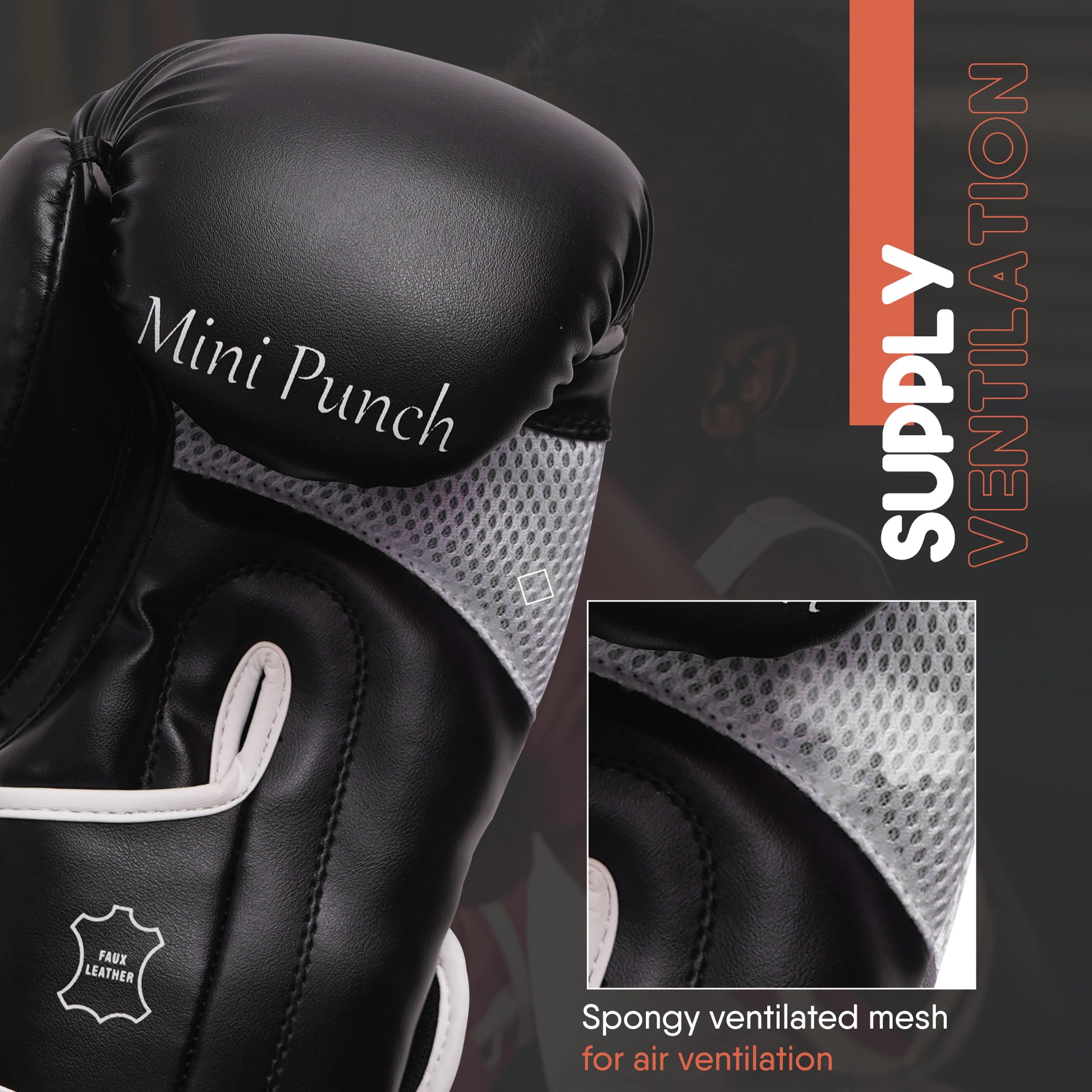 Black and white Mini Punch kids boxing gloves featuring spongy ventilated mesh for enhanced air ventilation, moisture control, and comfortable youth boxing training.