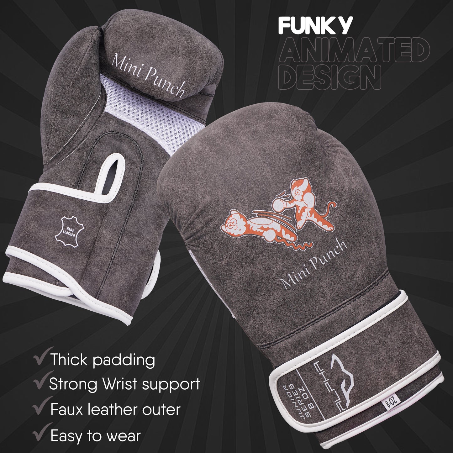 Vintage grey Mini Punch kids boxing gloves featuring a fun animated character design, thick padding, strong wrist support, durable faux leather outer, and easy-to-wear construction for young boxers.