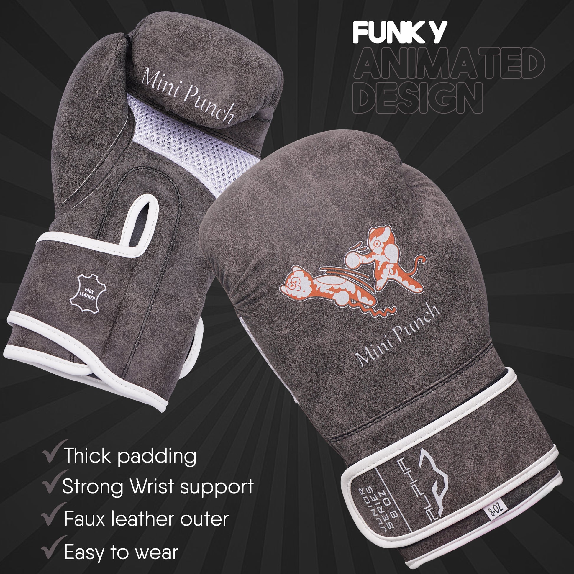 Vintage grey Mini Punch kids boxing gloves featuring a fun animated character design, thick padding, strong wrist support, durable faux leather outer, and easy-to-wear construction for young boxers.