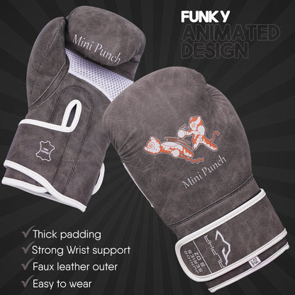 Vintage grey Mini Punch kids boxing gloves featuring a fun animated character design, thick padding, strong wrist support, durable faux leather outer, and easy-to-wear construction for young boxers.