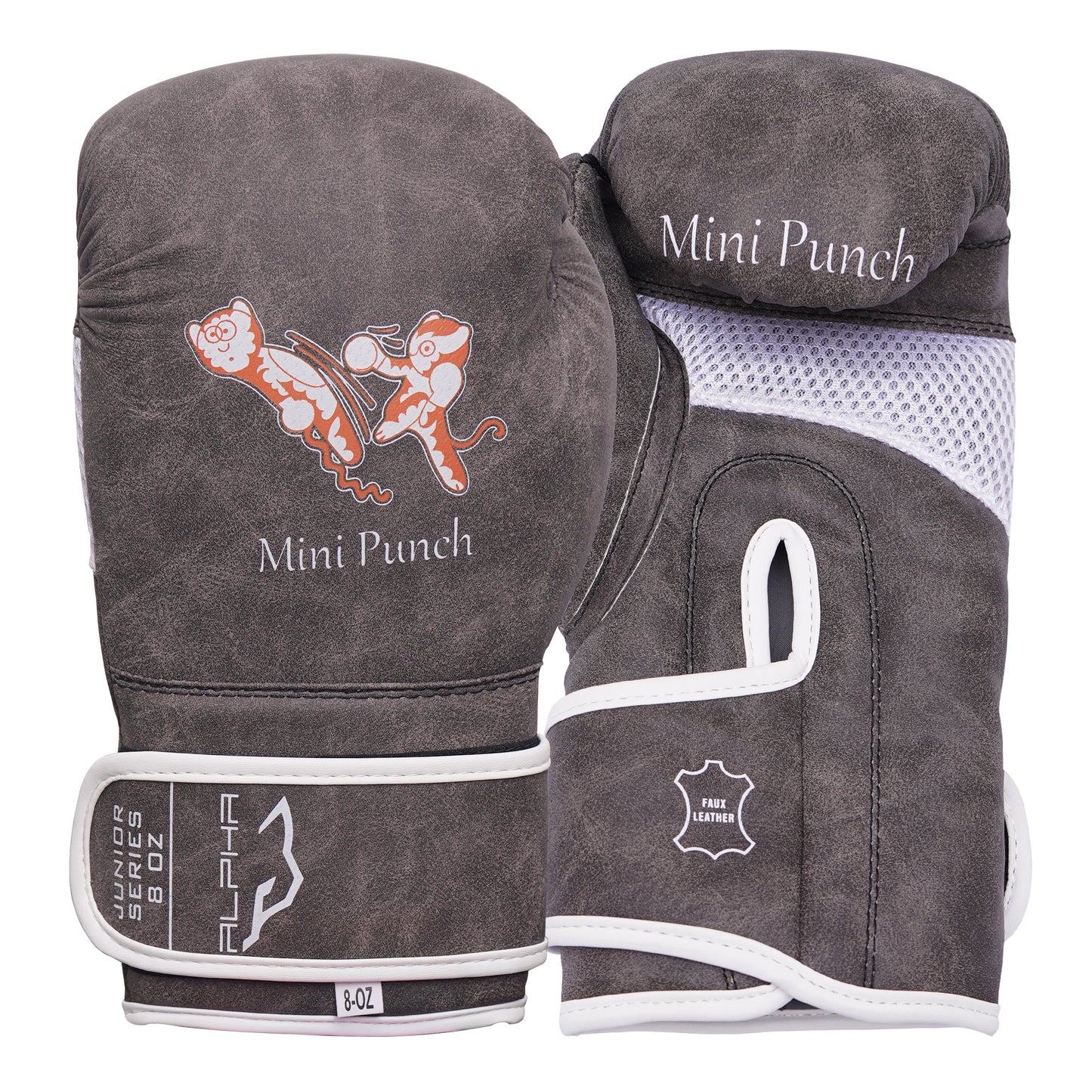 Mini Punch kids boxing gloves in vintage grey featuring a fun character design, breathable mesh panel, secure wrist support, and durable faux leather construction for youth boxing training.