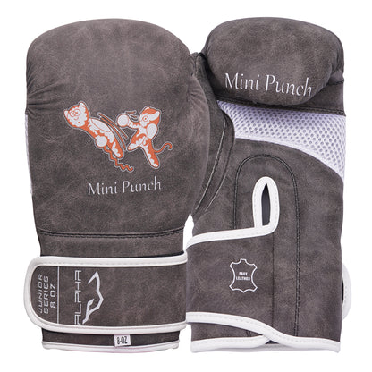 Mini Punch kids boxing gloves in vintage grey featuring a fun character design, breathable mesh panel, secure wrist support, and durable faux leather construction for youth boxing training.