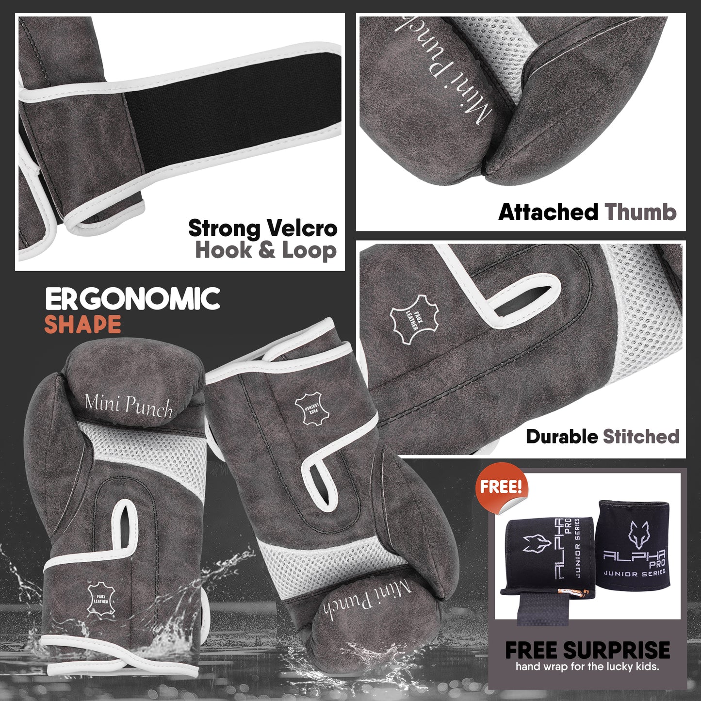 Vintage grey Mini Punch kids boxing gloves featuring an ergonomic shape, secure hook and loop velcro closure, attached thumb protection, durable stitching, and reinforced wrist support for safe and comfortable training.