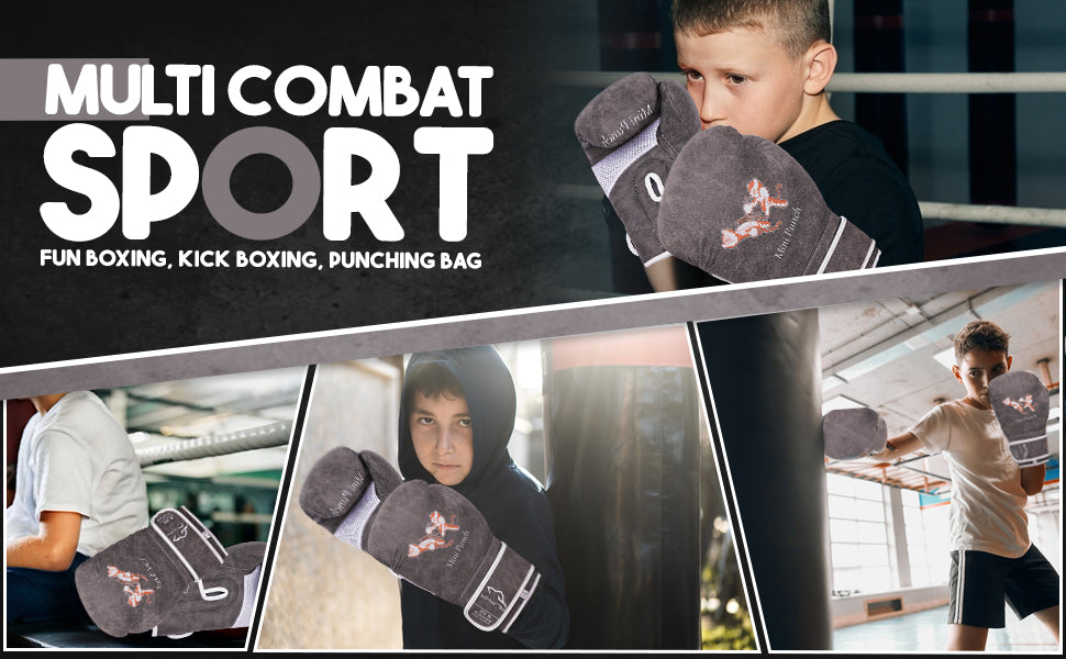 Kids wearing vintage grey Mini Punch boxing gloves during boxing, kickboxing, and punching bag workouts, showcasing versatile training use for young fighters.