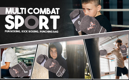 Kids wearing vintage grey Mini Punch boxing gloves during boxing, kickboxing, and punching bag workouts, showcasing versatile training use for young fighters.