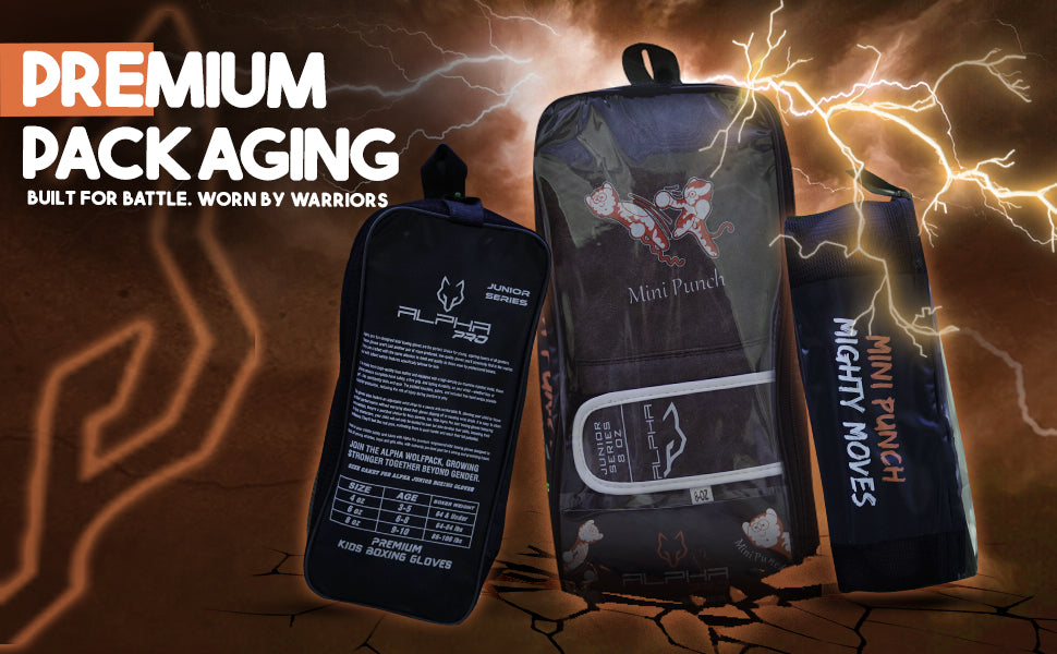 Premium retail packaging for vintage grey Mini Punch kids boxing gloves featuring protective carry packaging, branded presentation, and ready-to-gift boxing gear for young athletes.