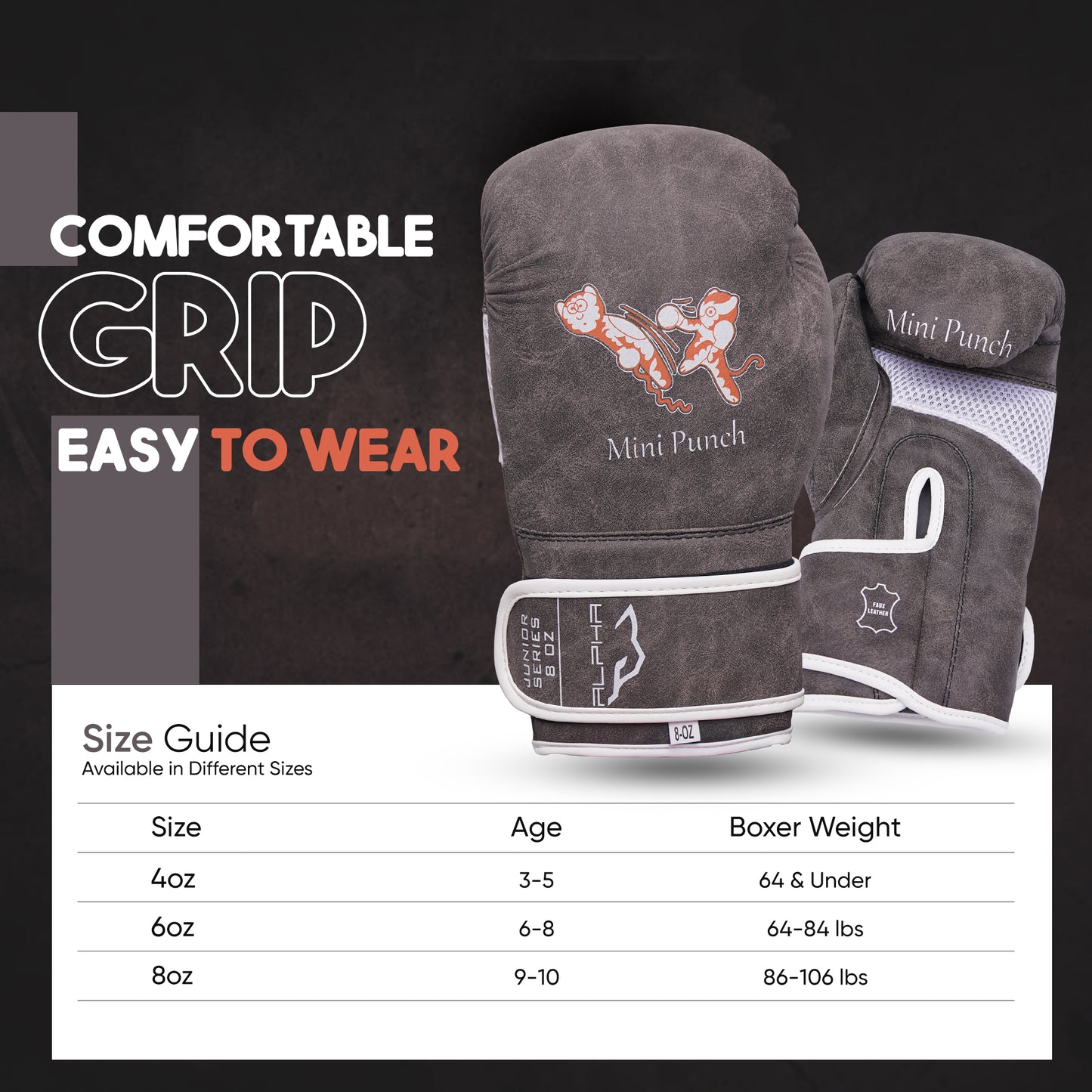 Vintage grey Mini Punch youth boxing gloves with comfortable grip and easy-to-wear construction alongside a size chart for selecting the right boxing glove size based on age and weight.