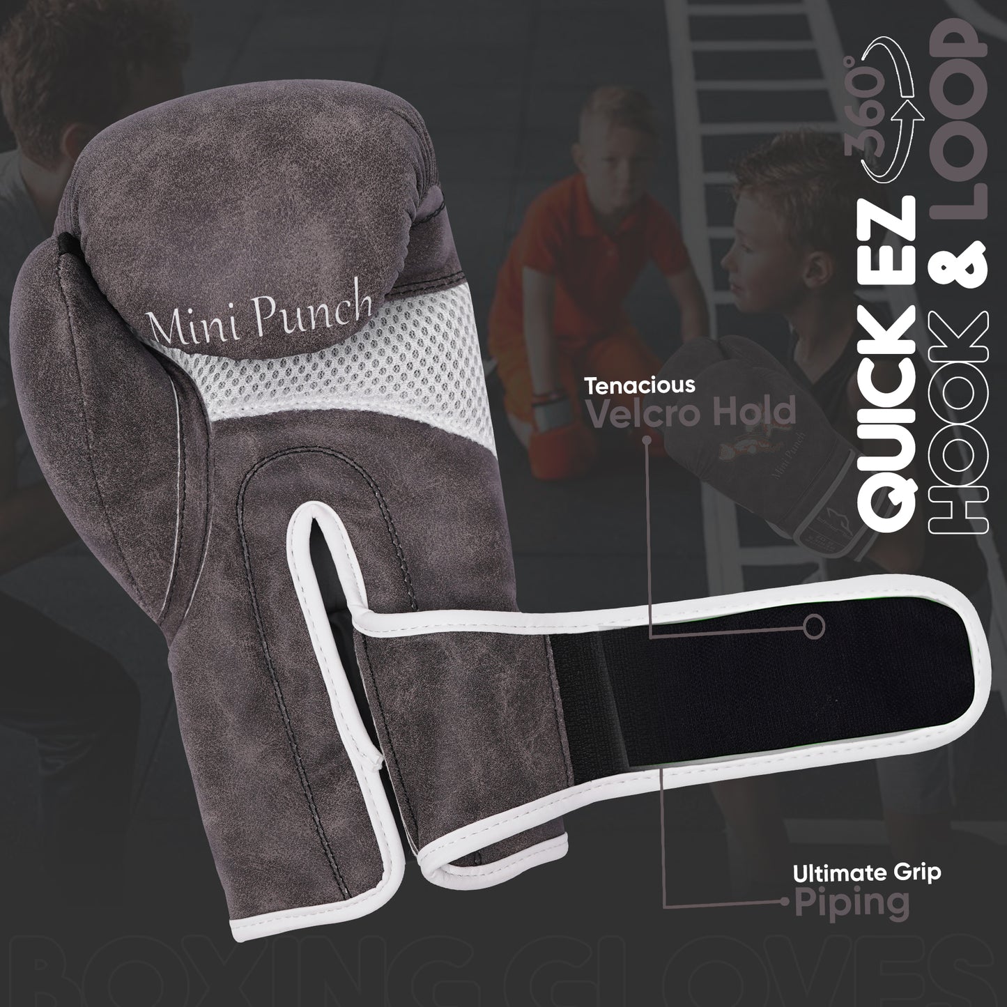 Mini Punch vintage grey kids boxing gloves with strong velcro wrist strap, ventilated mesh design, and ergonomic fit for boxing, kickboxing, and punching bag training.