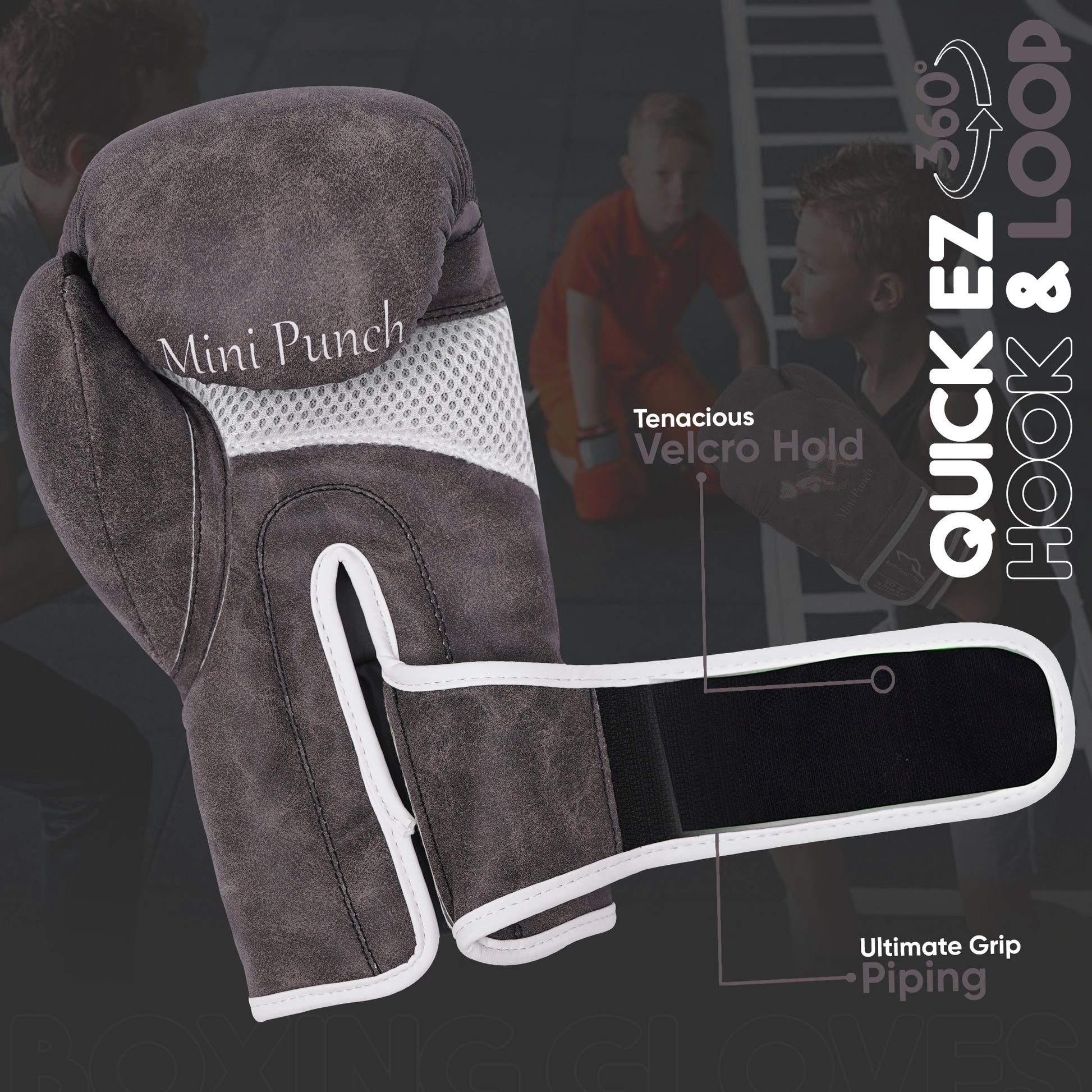 Mini Punch vintage grey kids boxing gloves with strong velcro wrist strap, ventilated mesh design, and ergonomic fit for boxing, kickboxing, and punching bag training.