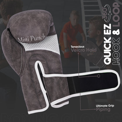 Mini Punch vintage grey kids boxing gloves with strong velcro wrist strap, ventilated mesh design, and ergonomic fit for boxing, kickboxing, and punching bag training.