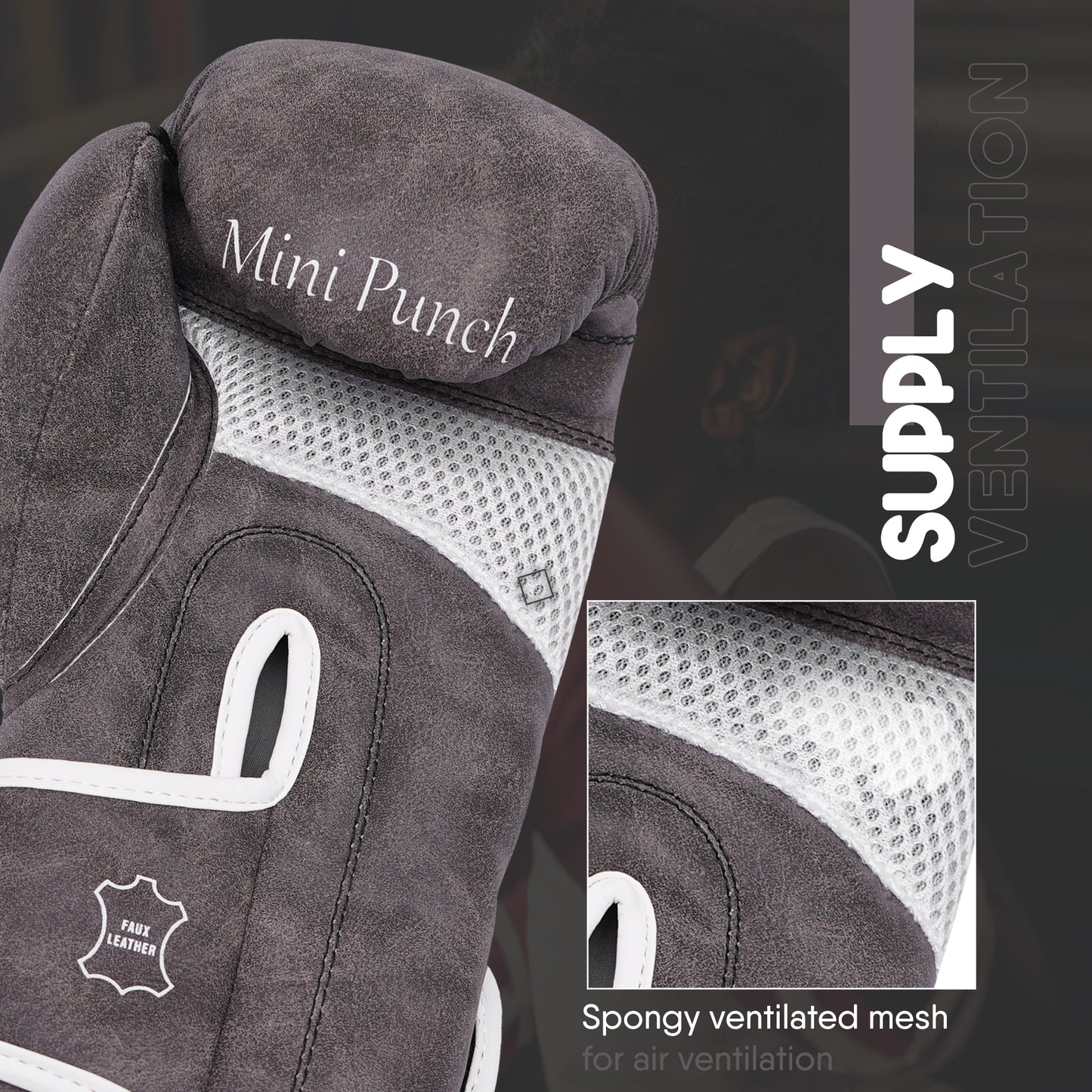 Vintage grey Mini Punch kids boxing gloves featuring a ventilated mesh panel for enhanced airflow, breathability, and comfort during boxing, kickboxing, and fitness training.