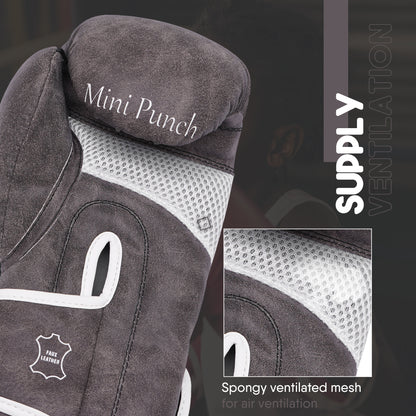 Vintage grey Mini Punch kids boxing gloves featuring a ventilated mesh panel for enhanced airflow, breathability, and comfort during boxing, kickboxing, and fitness training.
