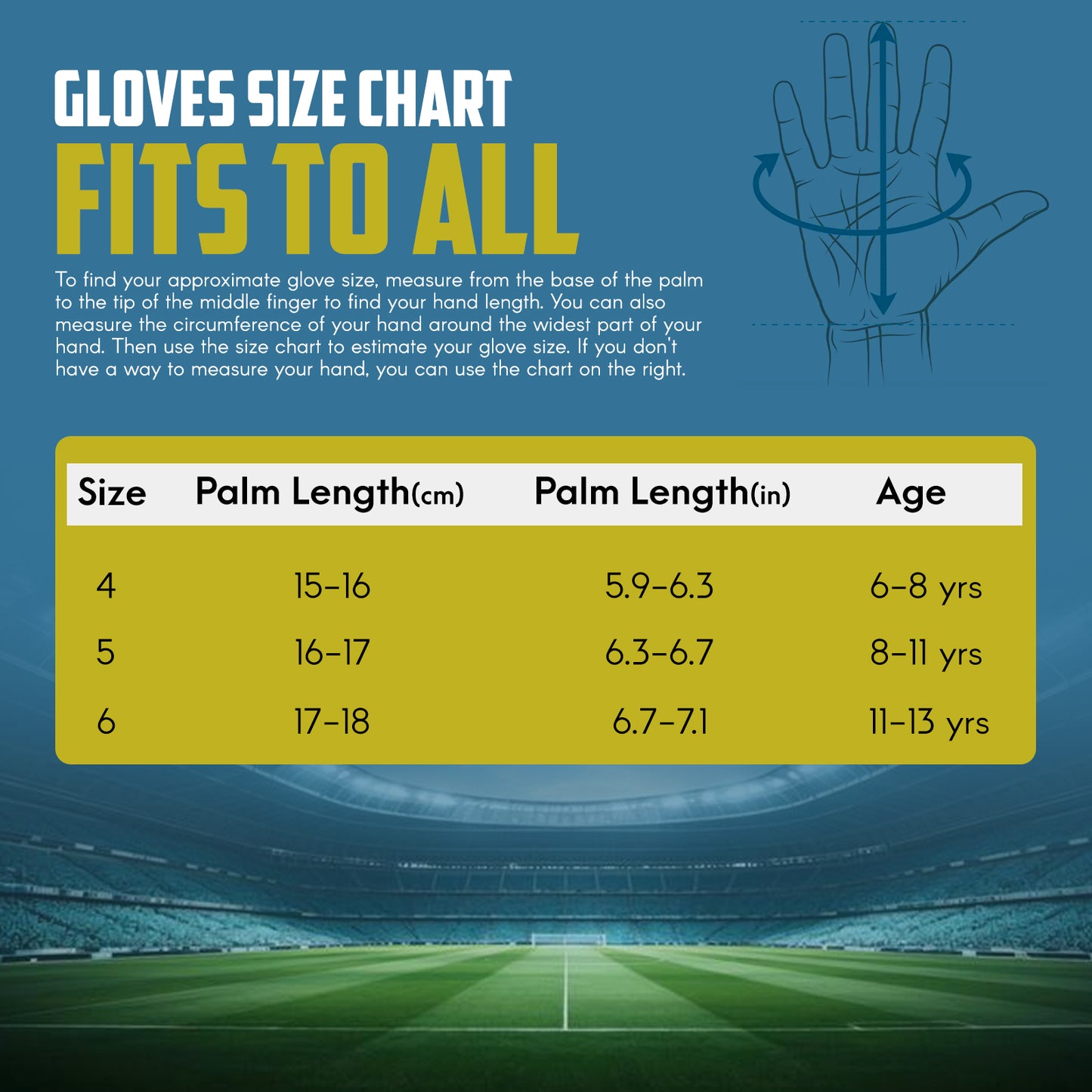 Kids Soccer Goalie Gloves Size Chart showing palm length measurements in cm and inches with recommended glove sizes 4, 5, and 6 for ages 6 to 18 years.