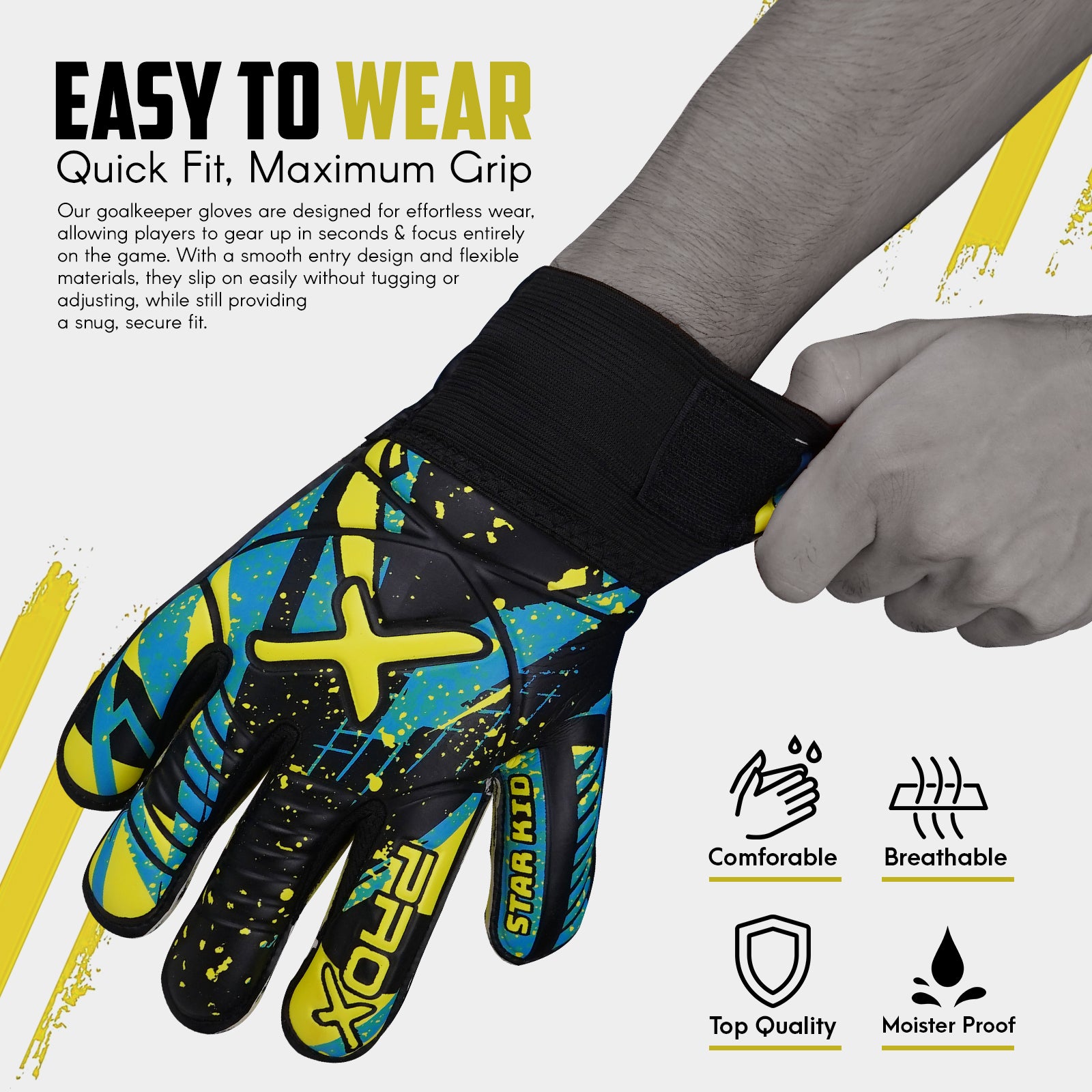 Youth goalkeeper gloves with quick-fit wrist design for easy wear, comfort, breathability, and reliable grip during soccer matches.