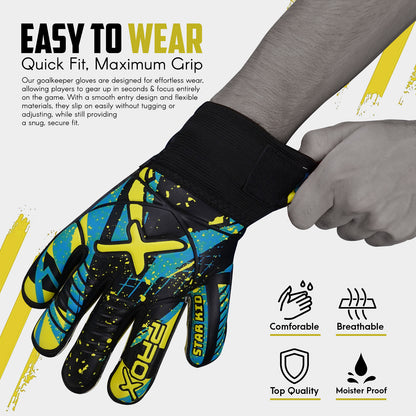 Youth goalkeeper gloves with quick-fit wrist design for easy wear, comfort, breathability, and reliable grip during soccer matches.