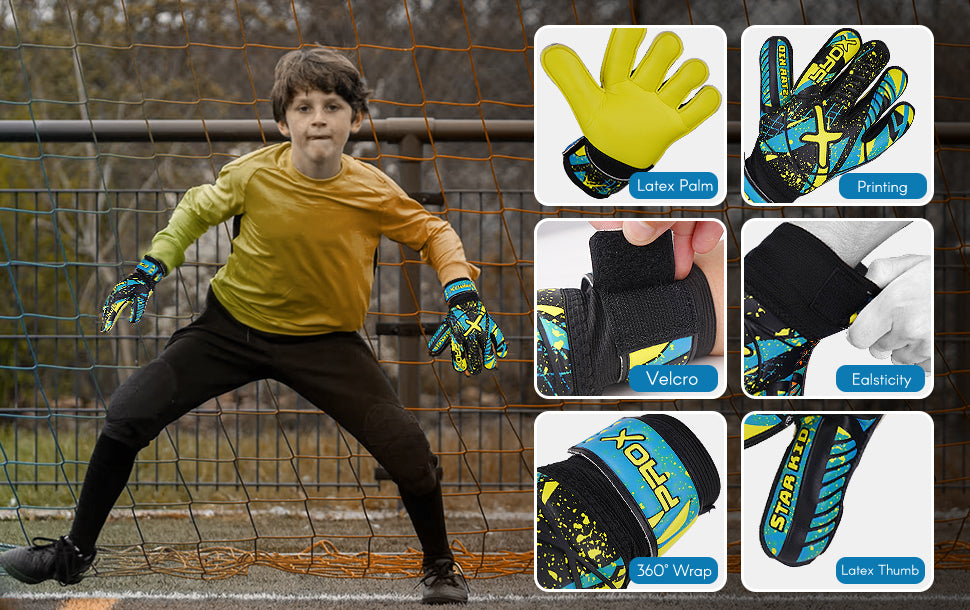 Youth goalkeeper gloves with high-grip latex palm, secure Velcro wrist closure, elastic fit, and durable latex thumb protection.