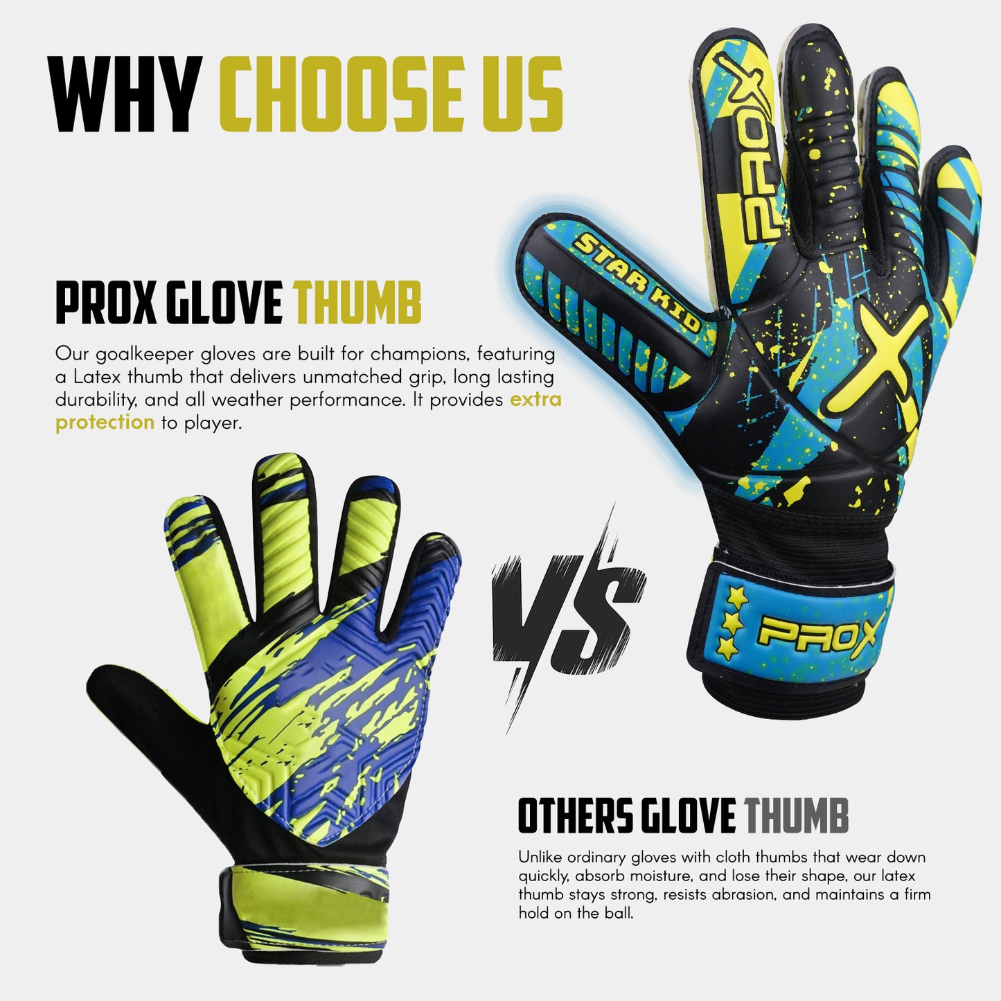 Youth goalkeeper gloves with latex thumb protection, high-grip palm, and durable design for kids soccer training and matches.