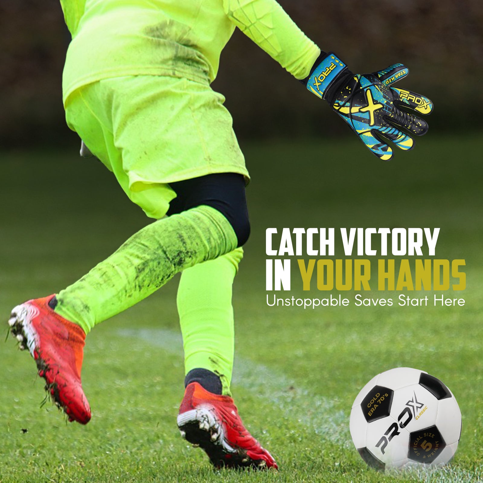 Youth goalkeeper wearing Star Kid soccer goalie gloves during match play for enhanced ball control and reliable performance.