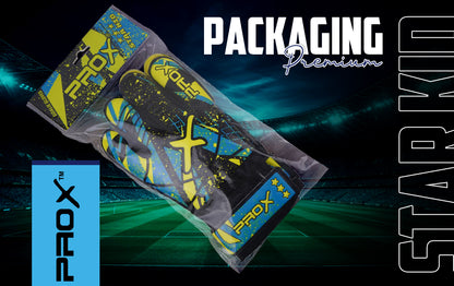 Youth goalkeeper gloves in premium packaging featuring durable construction, secure wrist support, and professional goalkeeper design.