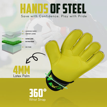 Youth goalkeeper gloves with 4mm latex palm, 360-degree wrist support, and enhanced grip for soccer training and match play.
