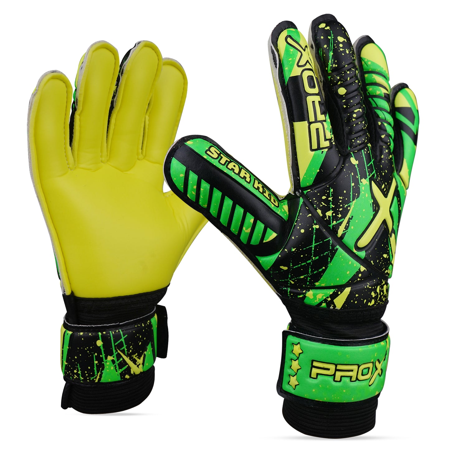 Youth goalkeeper gloves in fluorescent yellow featuring premium latex palm grip, durable backhand protection, and adjustable wrist closure.