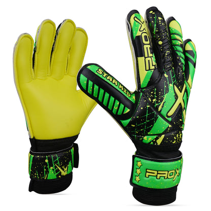 Youth goalkeeper gloves in fluorescent yellow featuring premium latex palm grip, durable backhand protection, and adjustable wrist closure.