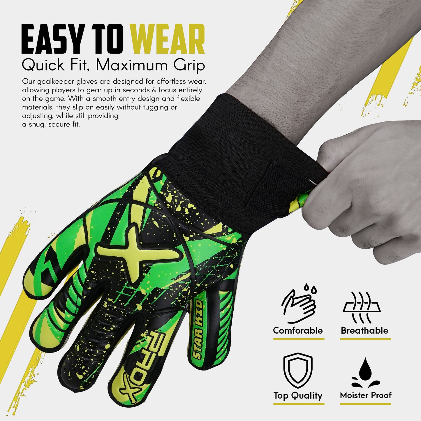 Youth goalkeeper gloves with quick-fit wrist opening, comfortable design, breathable fabric, and strong grip for soccer matches and training.