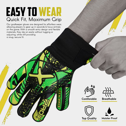Youth goalkeeper gloves with quick-fit wrist opening, comfortable design, breathable fabric, and strong grip for soccer matches and training.