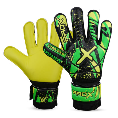 Youth goalkeeper gloves in fluorescent yellow featuring high-grip latex palm, durable backhand protection, and adjustable wrist closure.