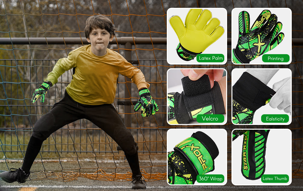 Youth goalkeeper gloves with high-grip latex palm, latex thumb protection, secure Velcro closure, and 360-degree wrist support.