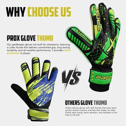 Youth goalkeeper gloves with latex thumb protection, strong grip technology, and durable construction for soccer training and matches.