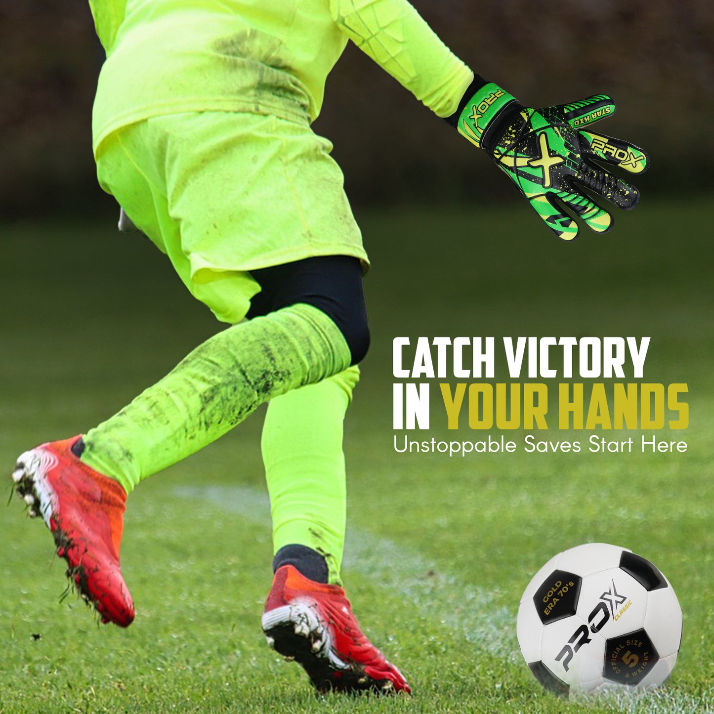 Youth goalkeeper wearing fluorescent yellow Star Kid goalie gloves during match play for reliable grip, ball control, and performance.