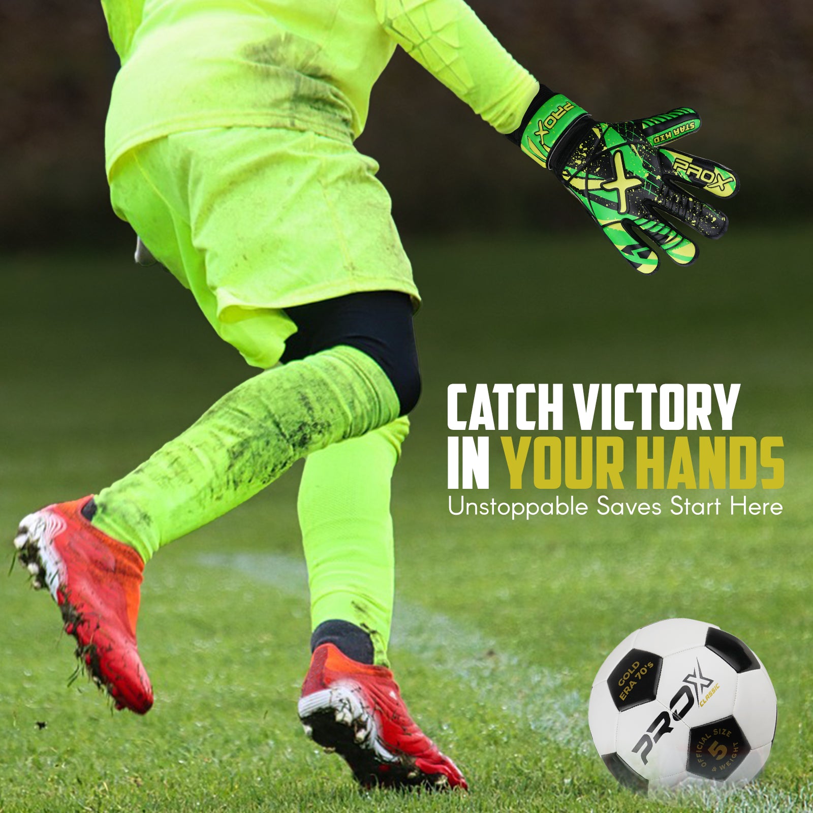 Youth goalkeeper wearing fluorescent yellow Star Kid goalie gloves during match play for reliable grip, ball control, and performance.