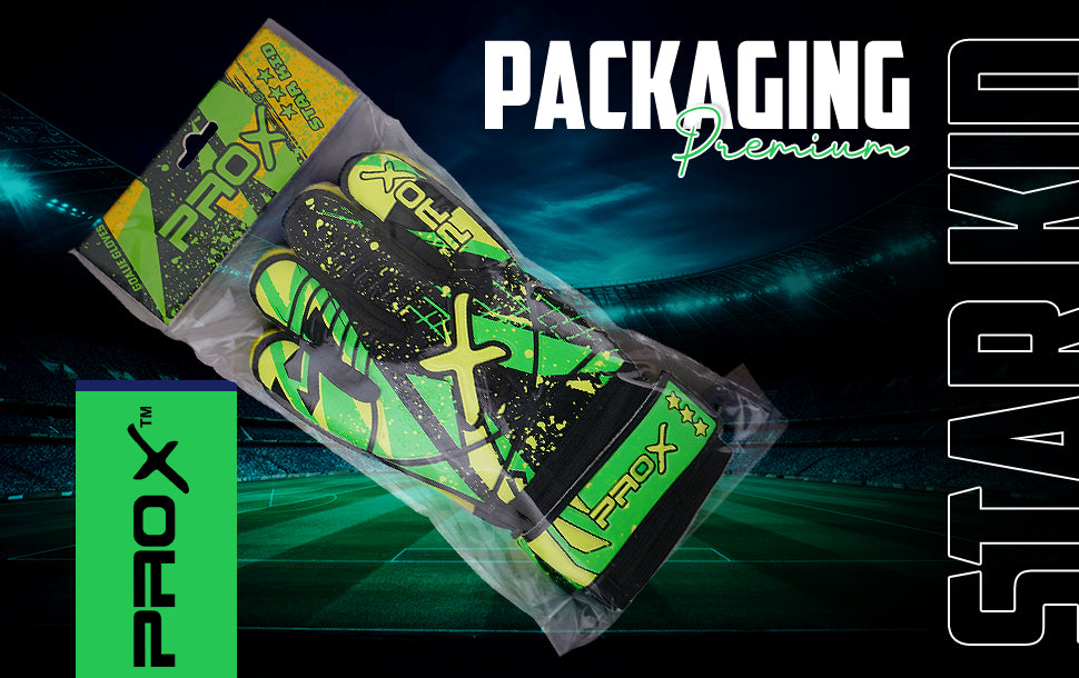 Youth goalkeeper gloves in premium packaging featuring high-grip latex palm, secure wrist support, and durable construction.